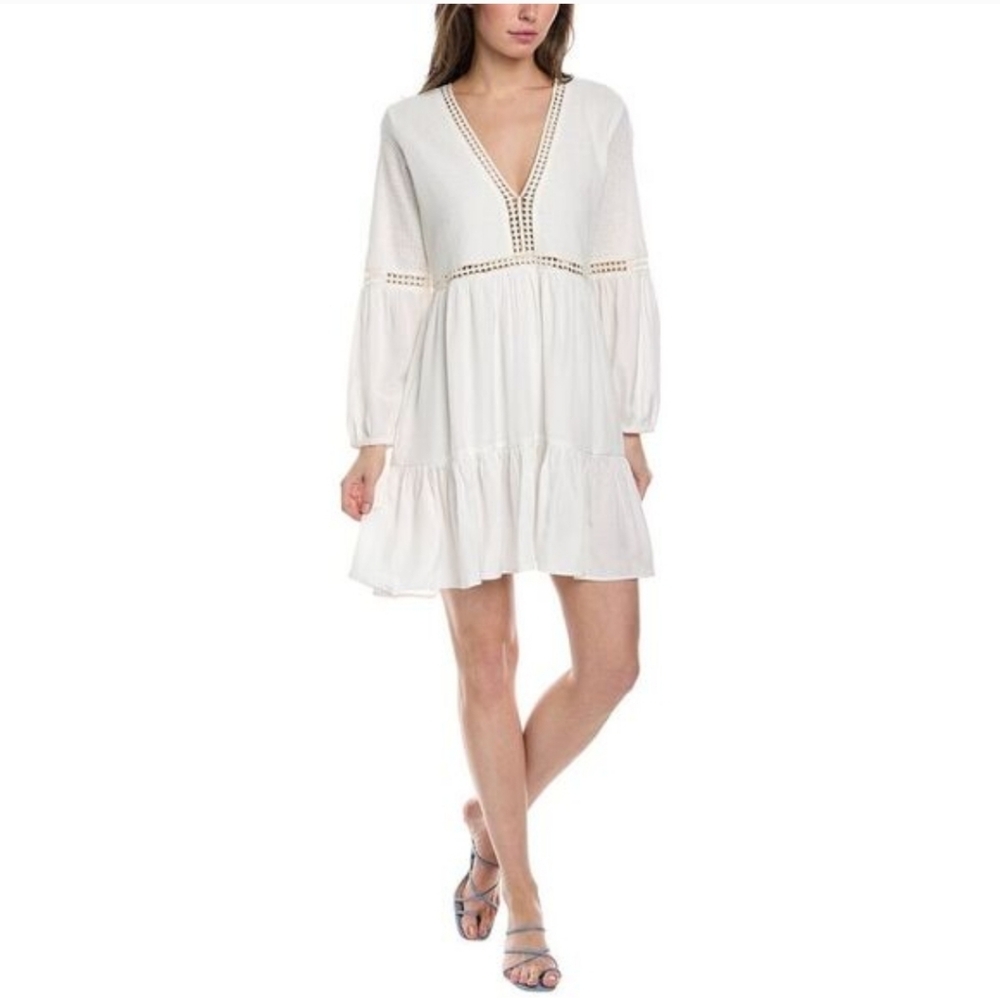 Walker & Wade St Barth Dress White Long Sleeve V-Neck Tiered Mini